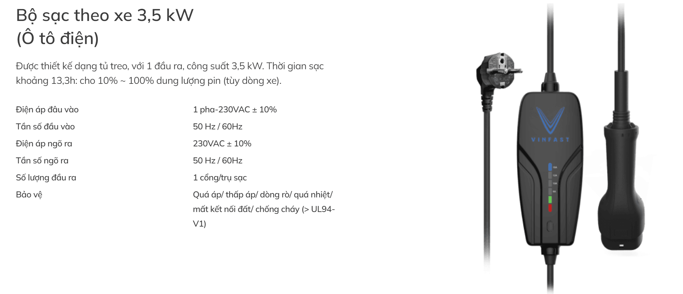 Bộ sạc theo xe 3,5 kW (Ô tô điện) vinfast đà nẵng